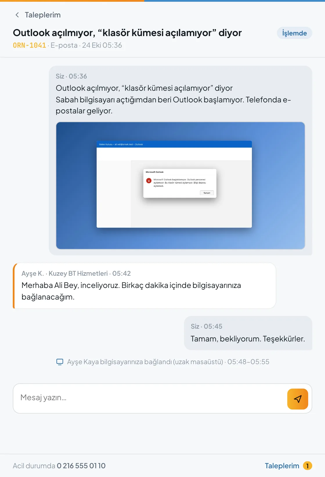 Talep sayfası: açıklama, ekran görüntüsü, yanıtlar ve uzaktan bağlantı satırı.