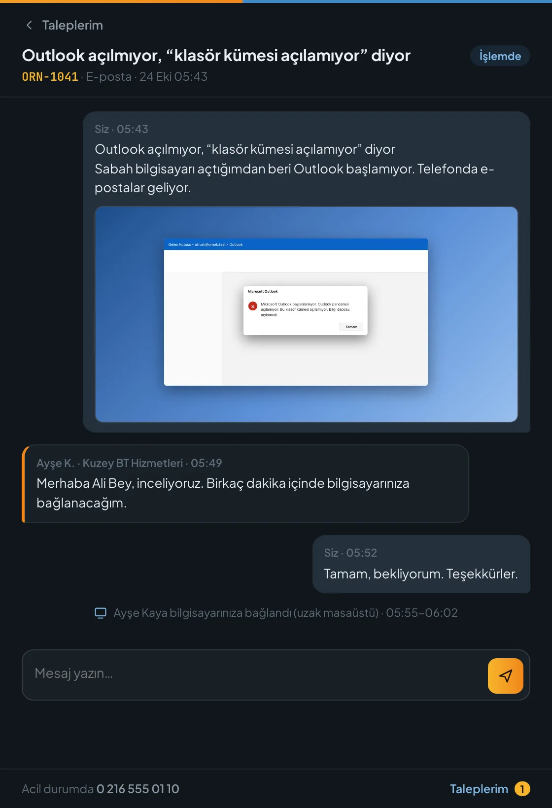 Talep sayfası: açıklama, ekran görüntüsü, yanıtlar ve uzaktan bağlantı satırı.