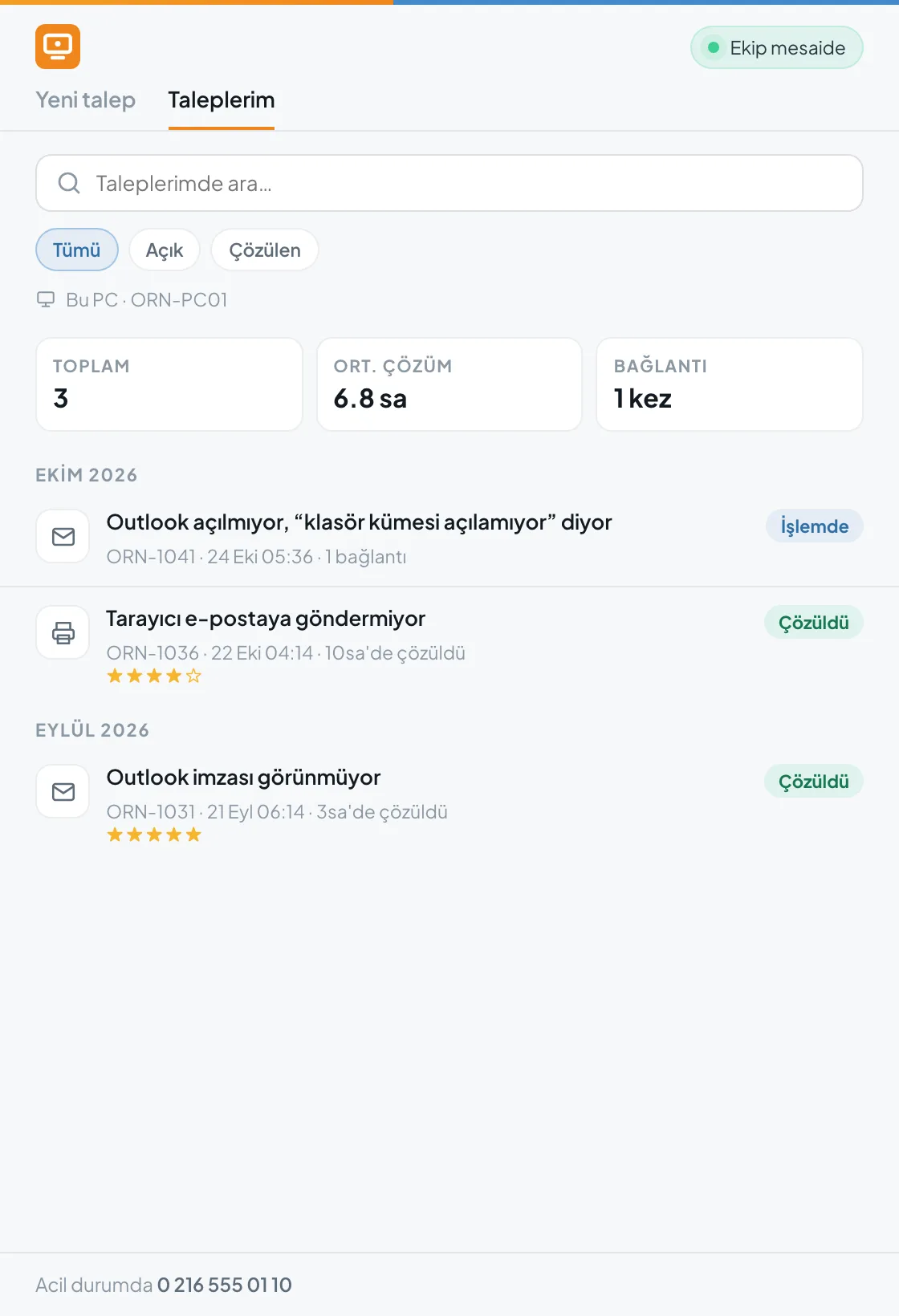 Taleplerim: arama, Tümü / Açık / Çözülen, özet ve aylara göre talepler.