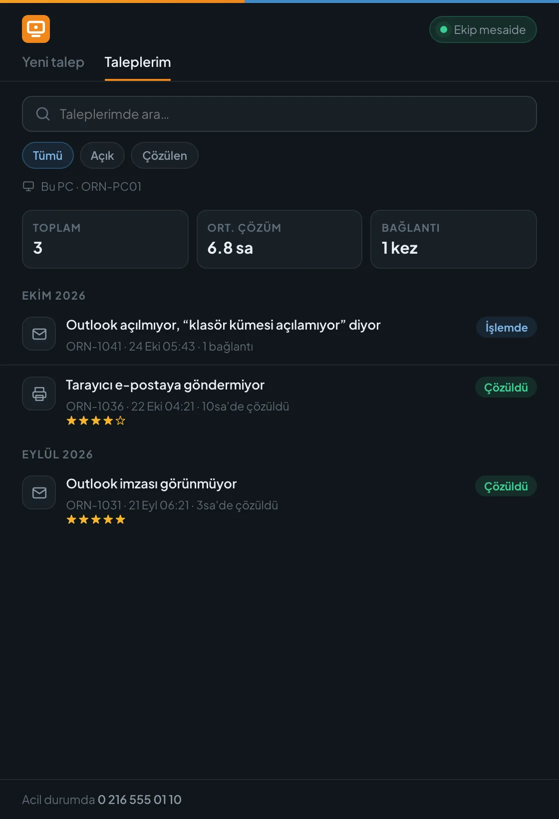 Taleplerim: arama, Tümü / Açık / Çözülen, özet ve aylara göre talepler.