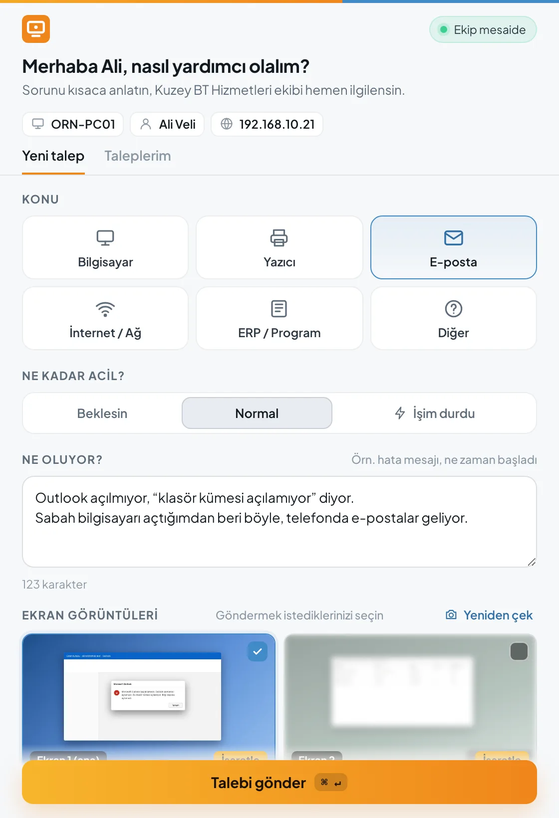 Doldurulmuş form: E-posta konusu, açıklama ve seçili ekran görüntüsü.