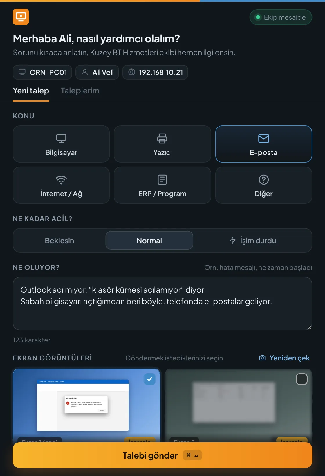 Doldurulmuş form: E-posta konusu, açıklama ve seçili ekran görüntüsü.