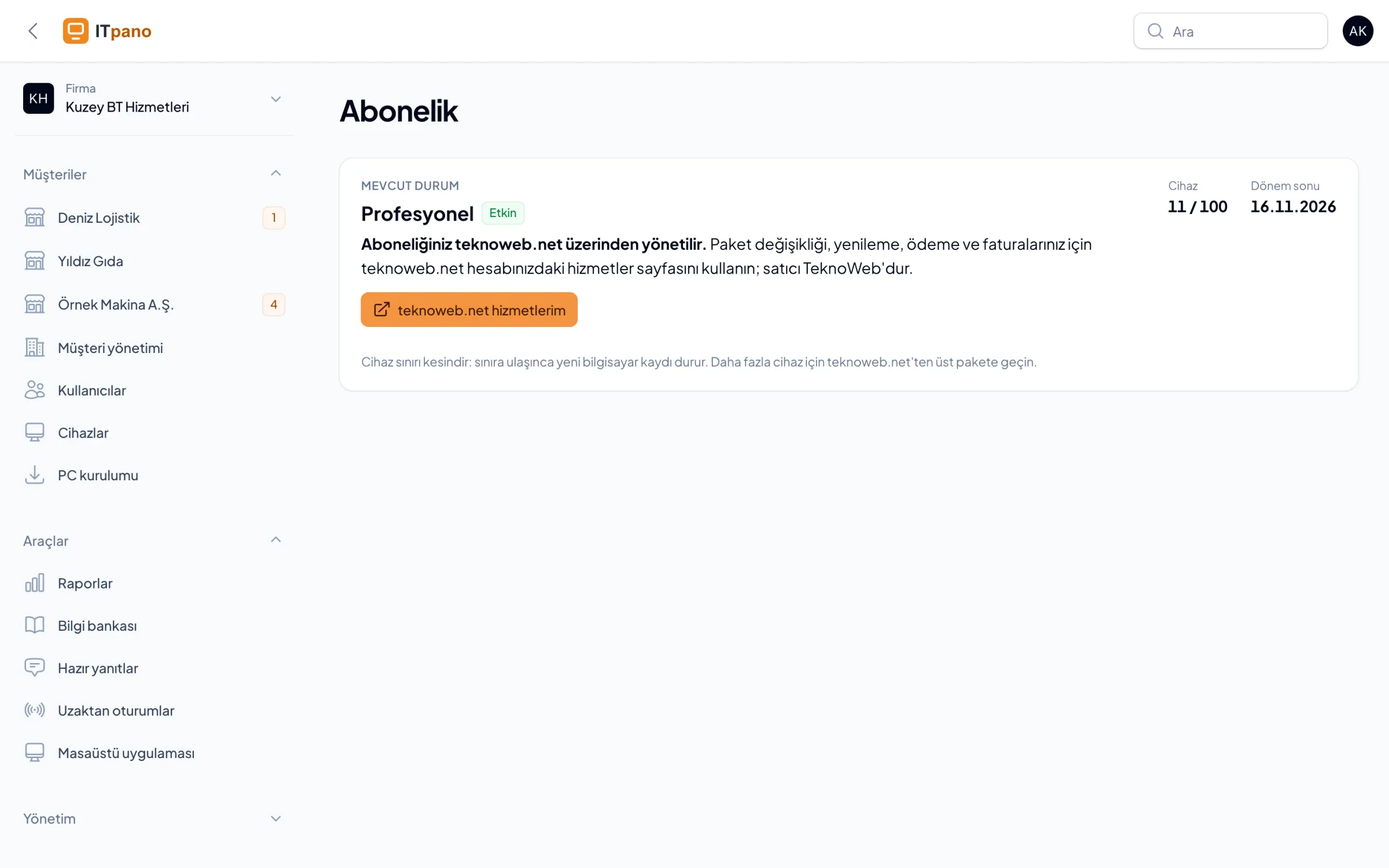 Abonelik sayfası: paket, durum, cihaz sayısı ve teknoweb.net hizmetlerim bağlantısı.