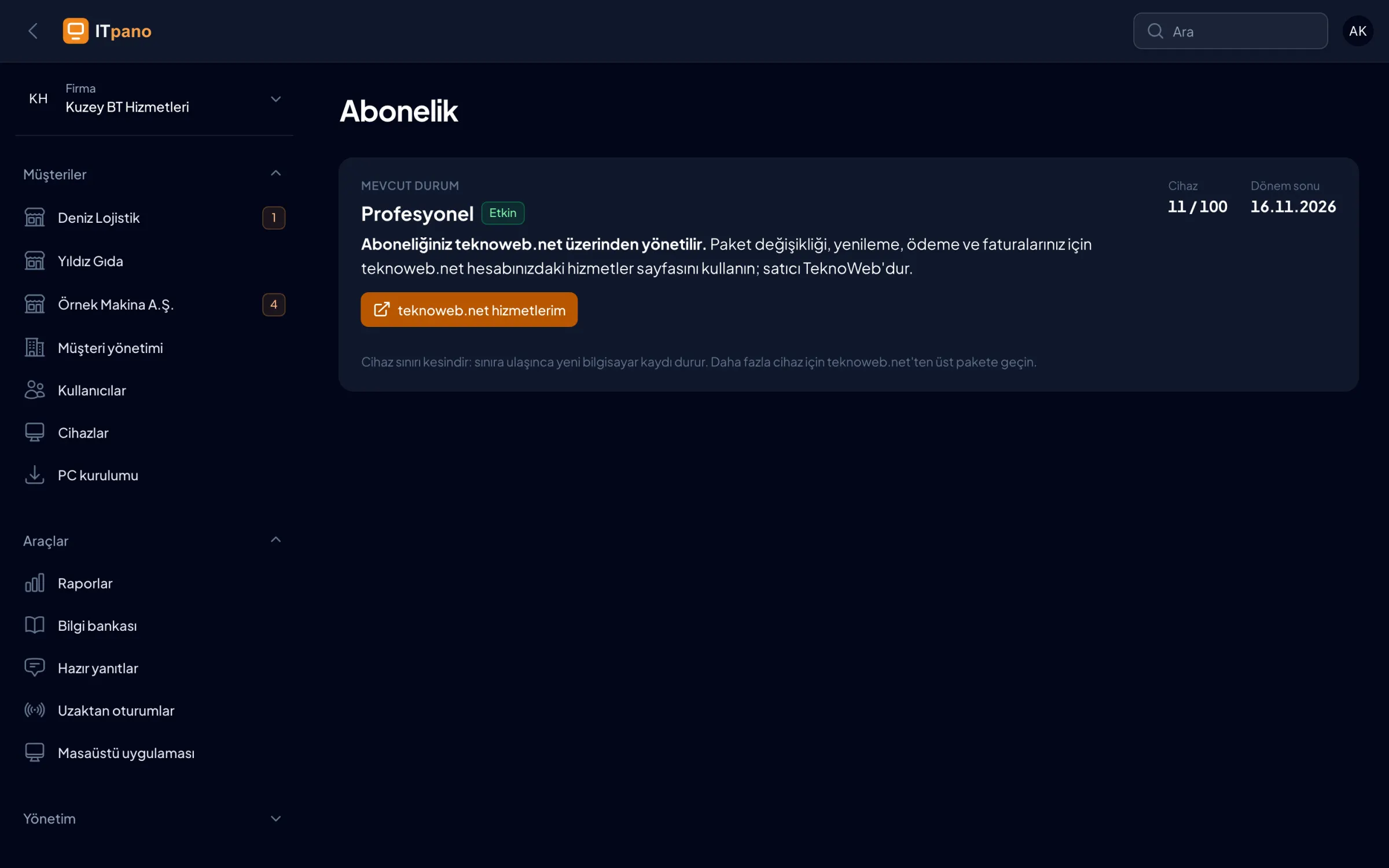 Abonelik sayfası: paket, durum, cihaz sayısı ve teknoweb.net hizmetlerim bağlantısı.