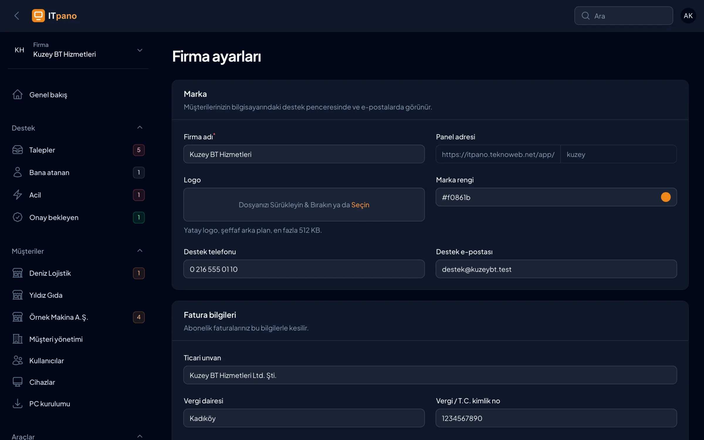 Firma ayarları: marka ve fatura bilgileri.