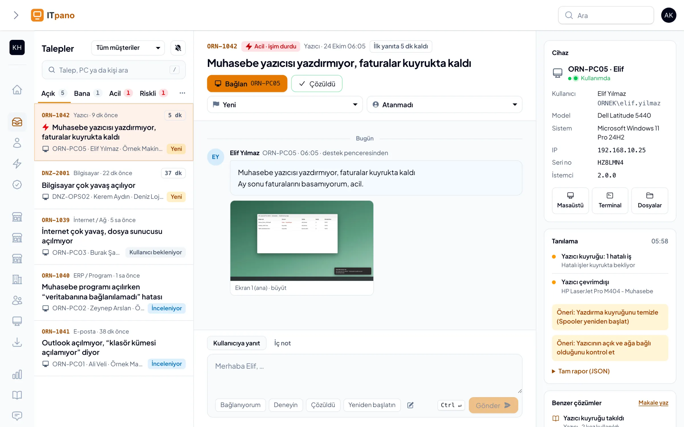 Yeni gelen acil talep konsolda: ekran görüntüsü, tanılama bulguları ve öneriler.