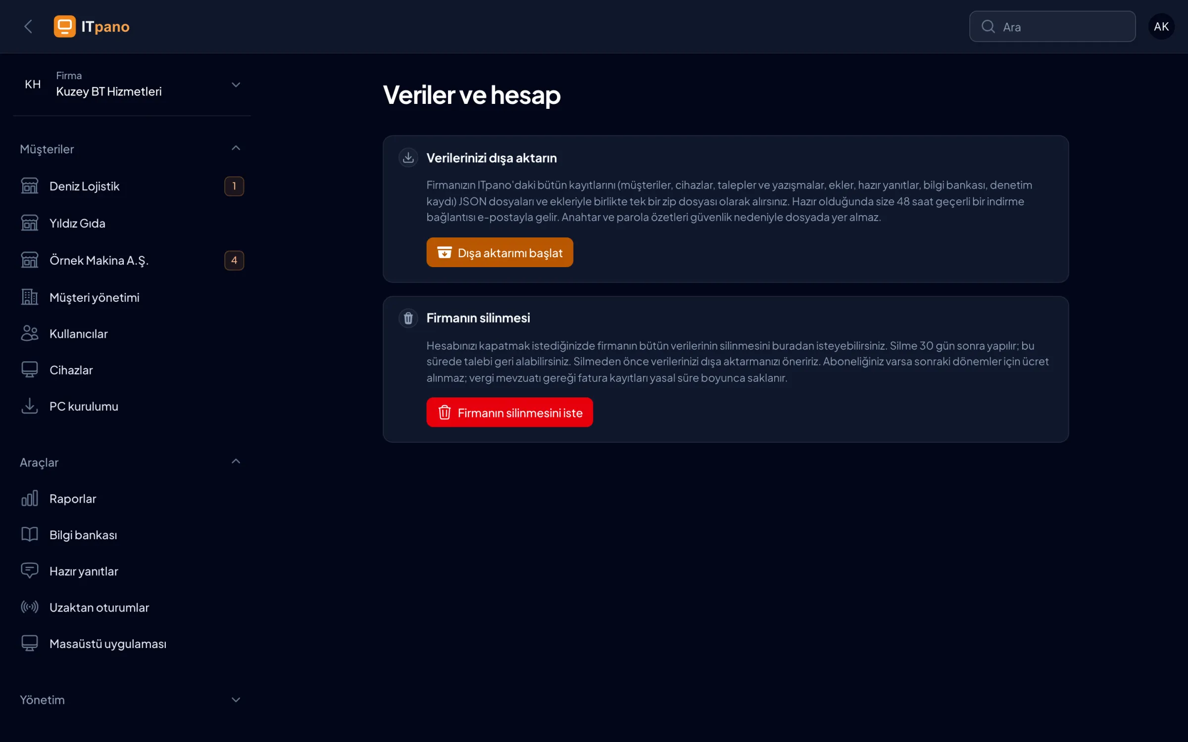 Veriler ve hesap: dışa aktarma ve firmanın silinmesi.