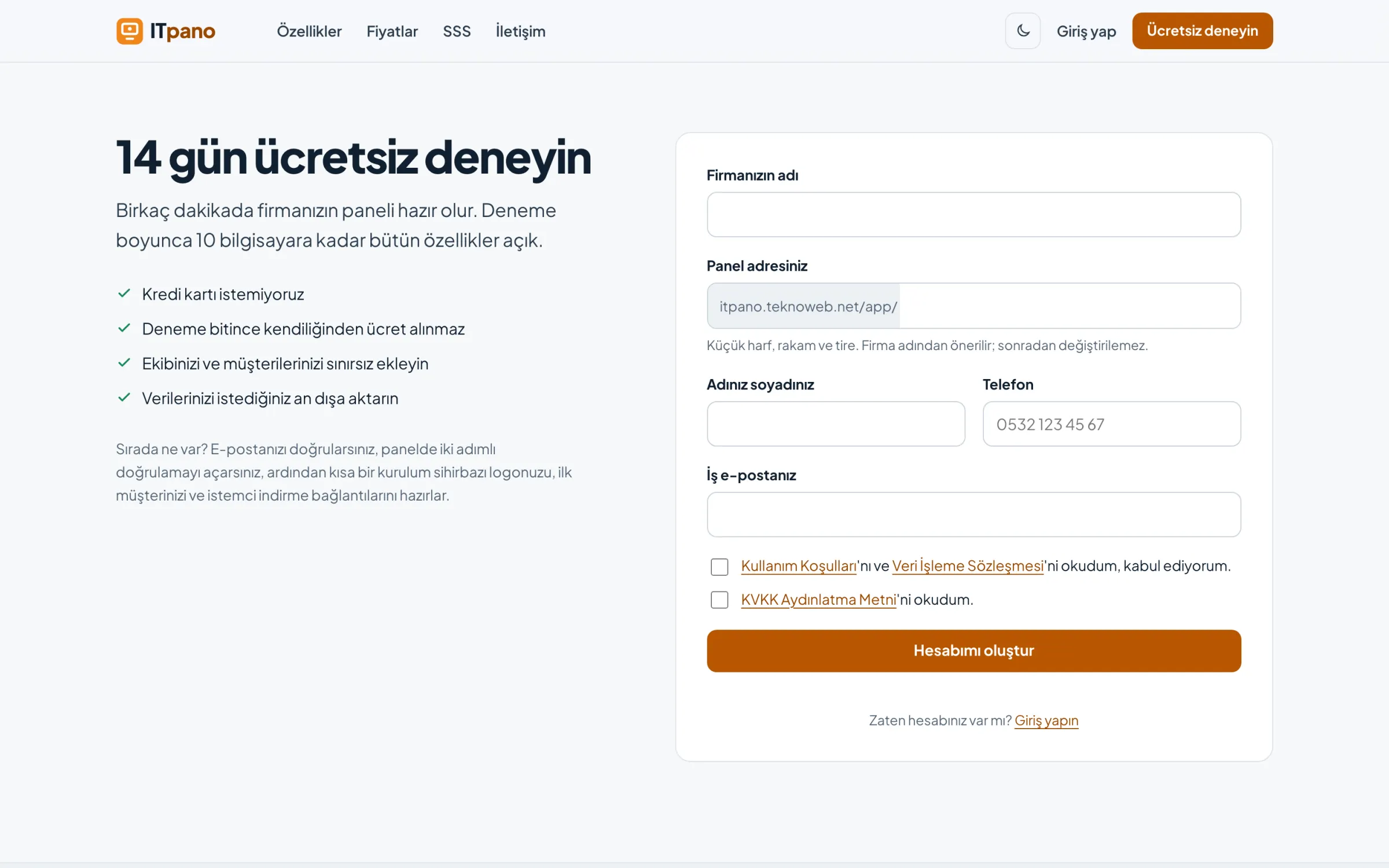 Kayıt formu: firma adı, panel adresi, ad soyad, telefon ve iş e-postası.