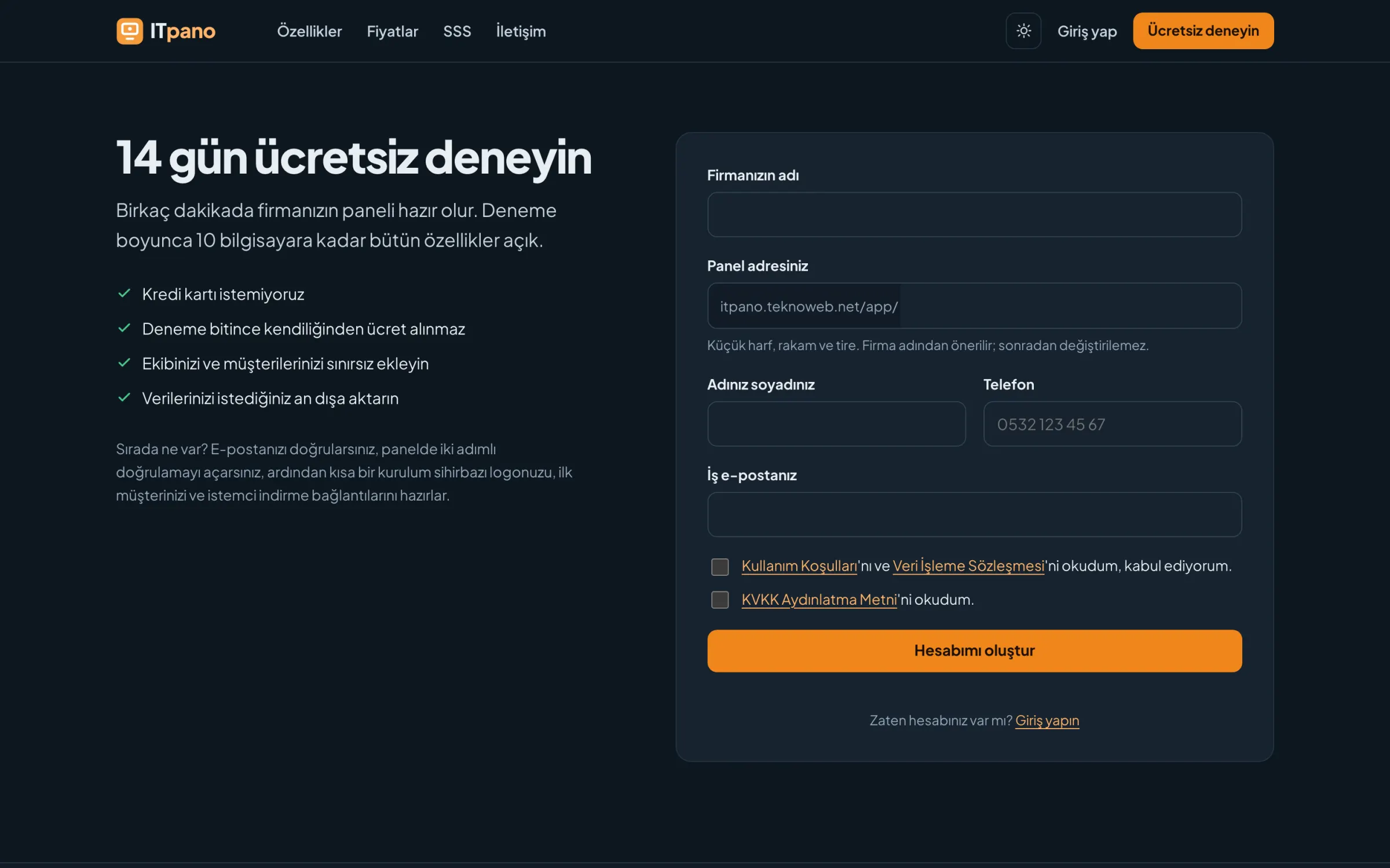 Kayıt formu: firma adı, panel adresi, ad soyad, telefon ve iş e-postası.