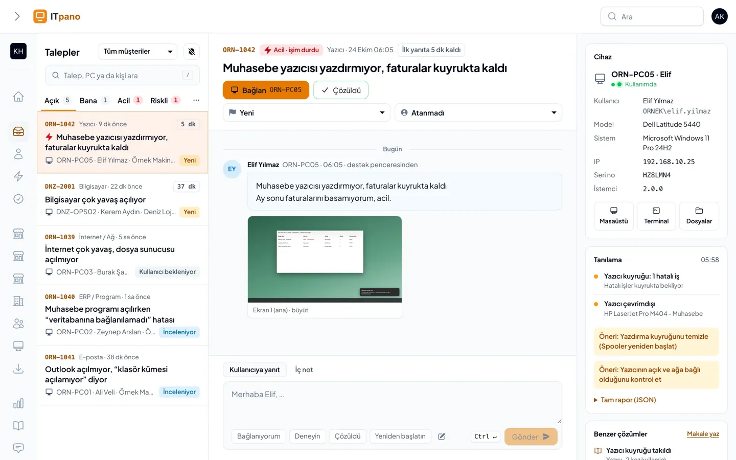 Yeni gelen acil talep konsolda: ekran görüntüsü, cihaz bilgileri, tanılama bulguları ve öneriler.